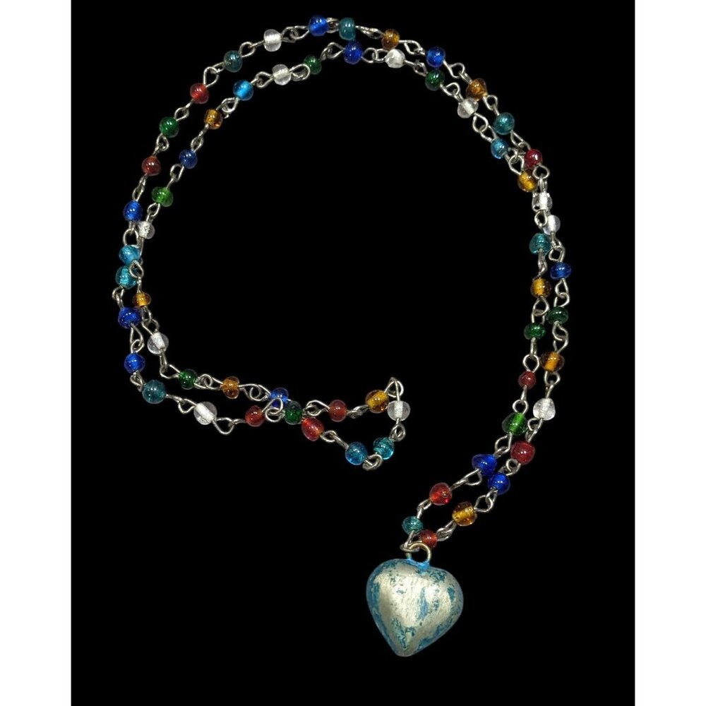 Rustic Romantic Rainbow Glass Beaded Necklace With Distressed Puffed Heart Penda